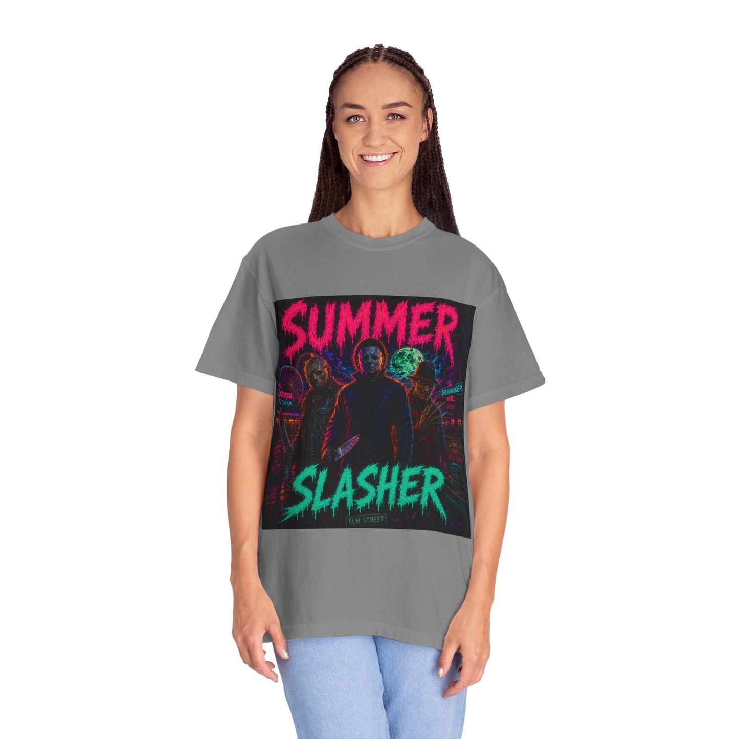 Summer Slasher Graphic T-Shirt — Retro Neon Horror Tee