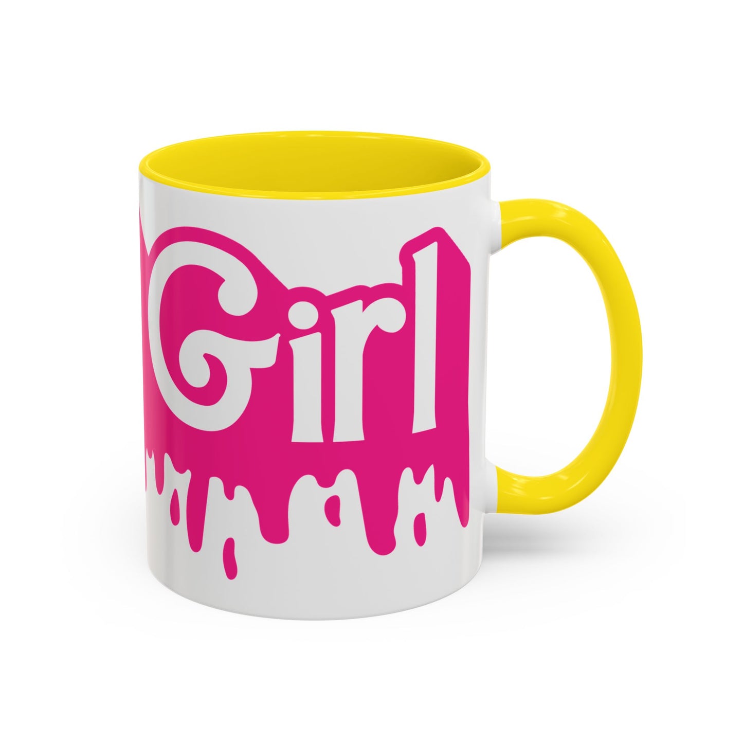 Drip 'Final Girl' Accent Coffee Mug — Pink Retro Script Ceramic (11/15oz)