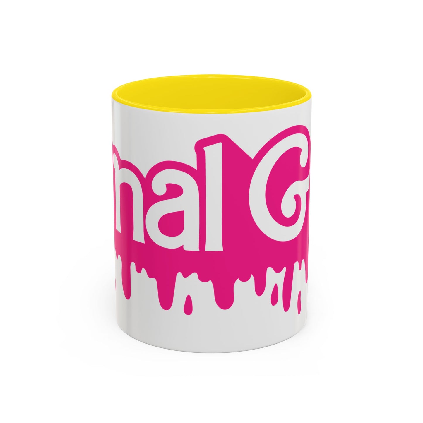 Drip 'Final Girl' Accent Coffee Mug — Pink Retro Script Ceramic (11/15oz)