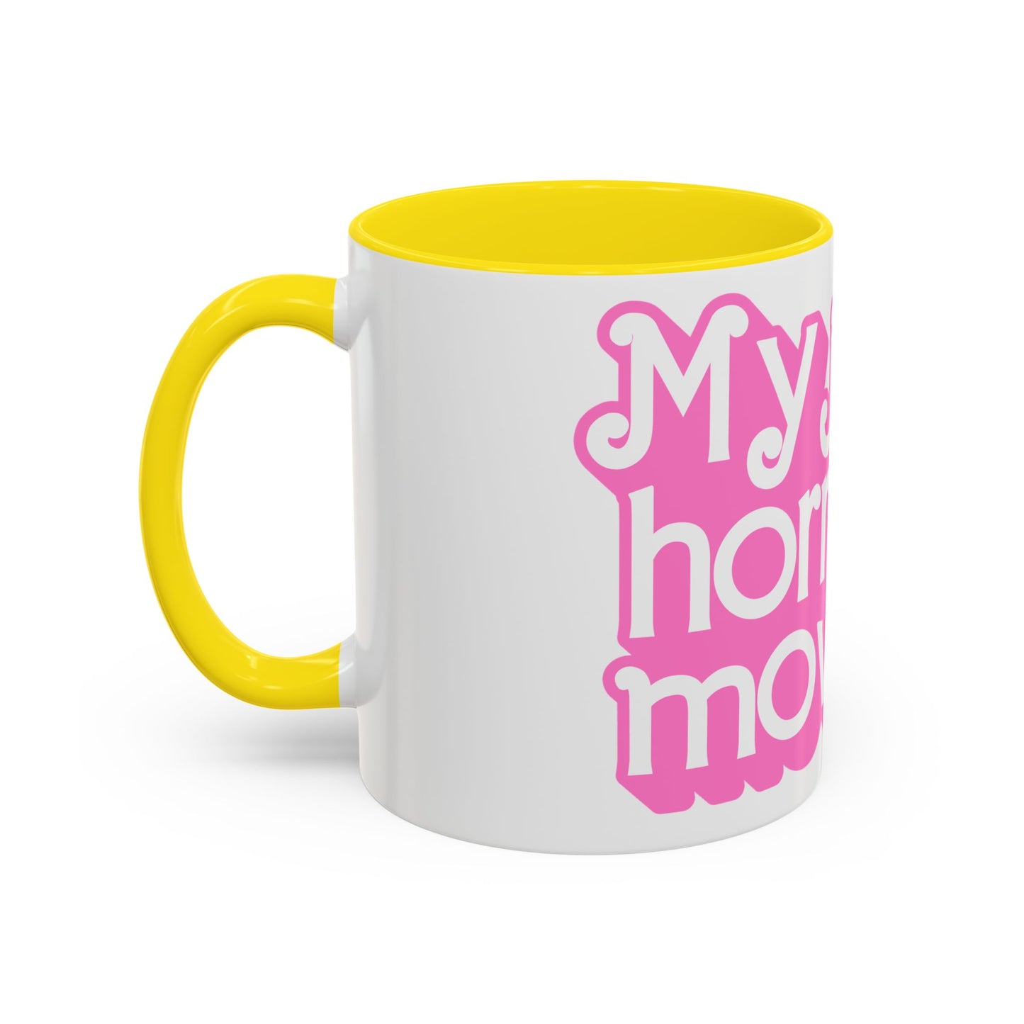 Accent Coffee Mug — "My Job Is Horror Movies" Pink Retro Text