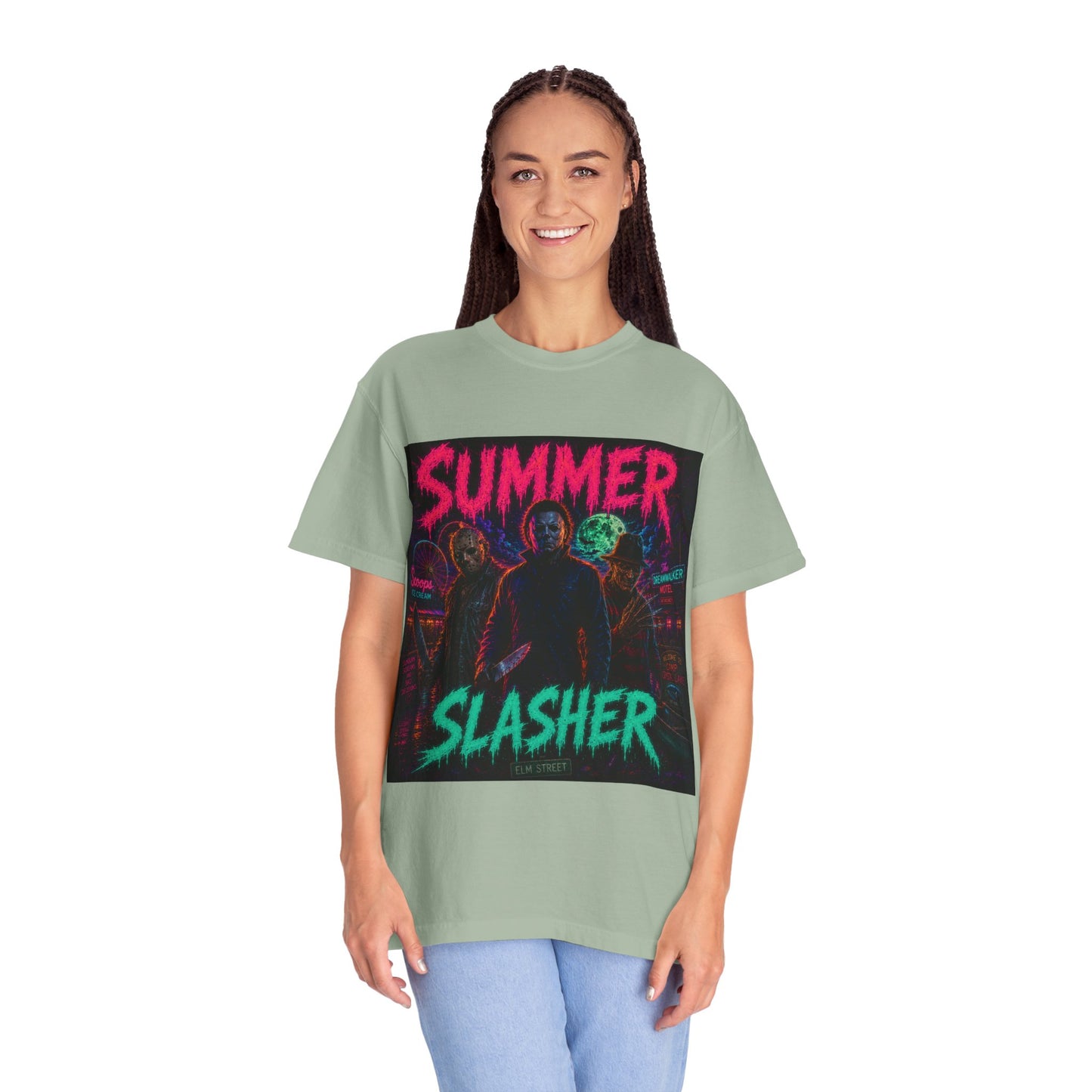 Summer Slasher Graphic T-Shirt — Retro Neon Horror Tee