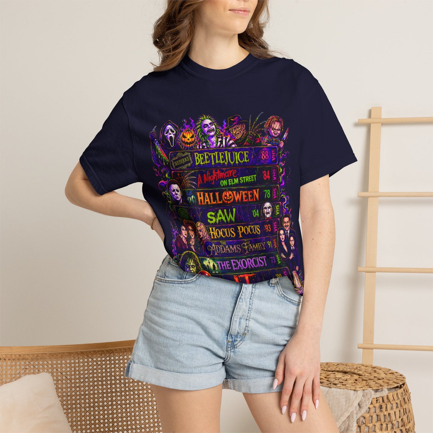 Halloween Horror Movies T-Shirt — Classic Scary Film Collage (Beetlejuice, Hocus Pocus, IT, Halloween)