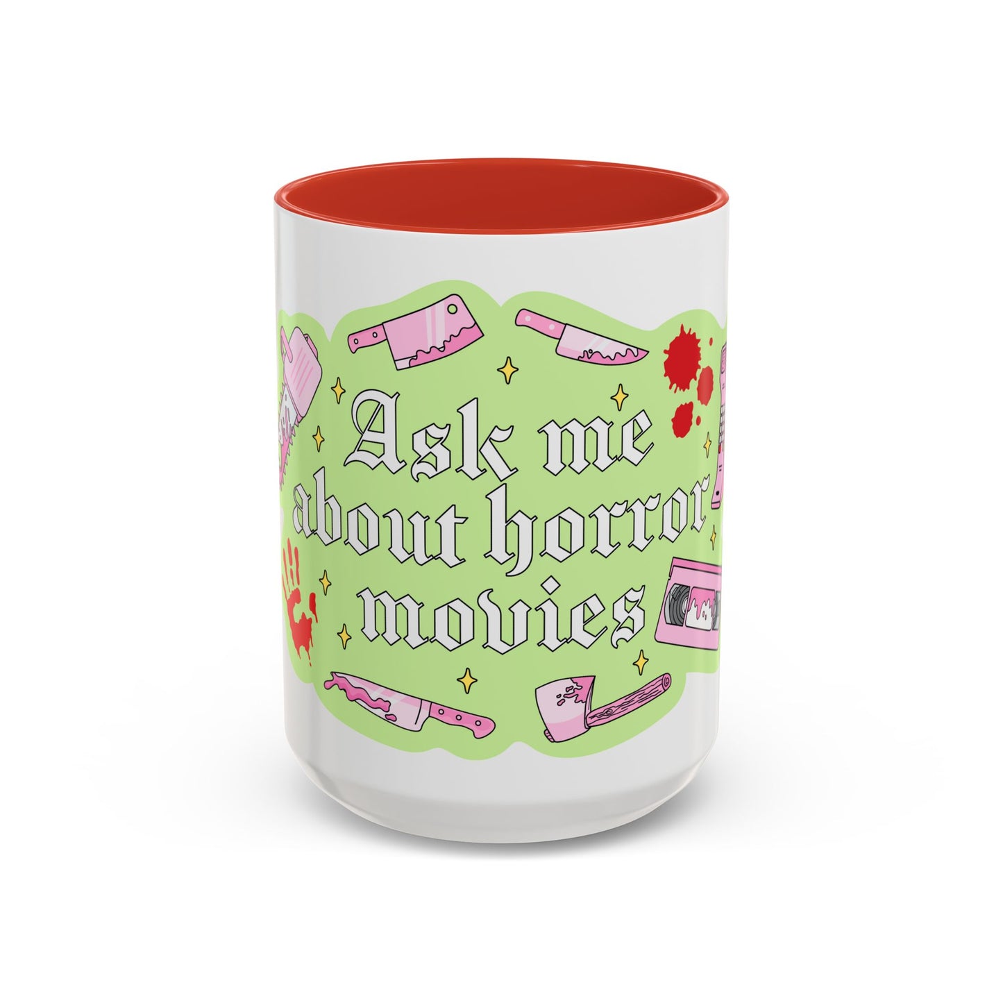 Ask Me About Horror Movies Mug — Retro Pink & Green Accent Coffee Mug (11/15oz)