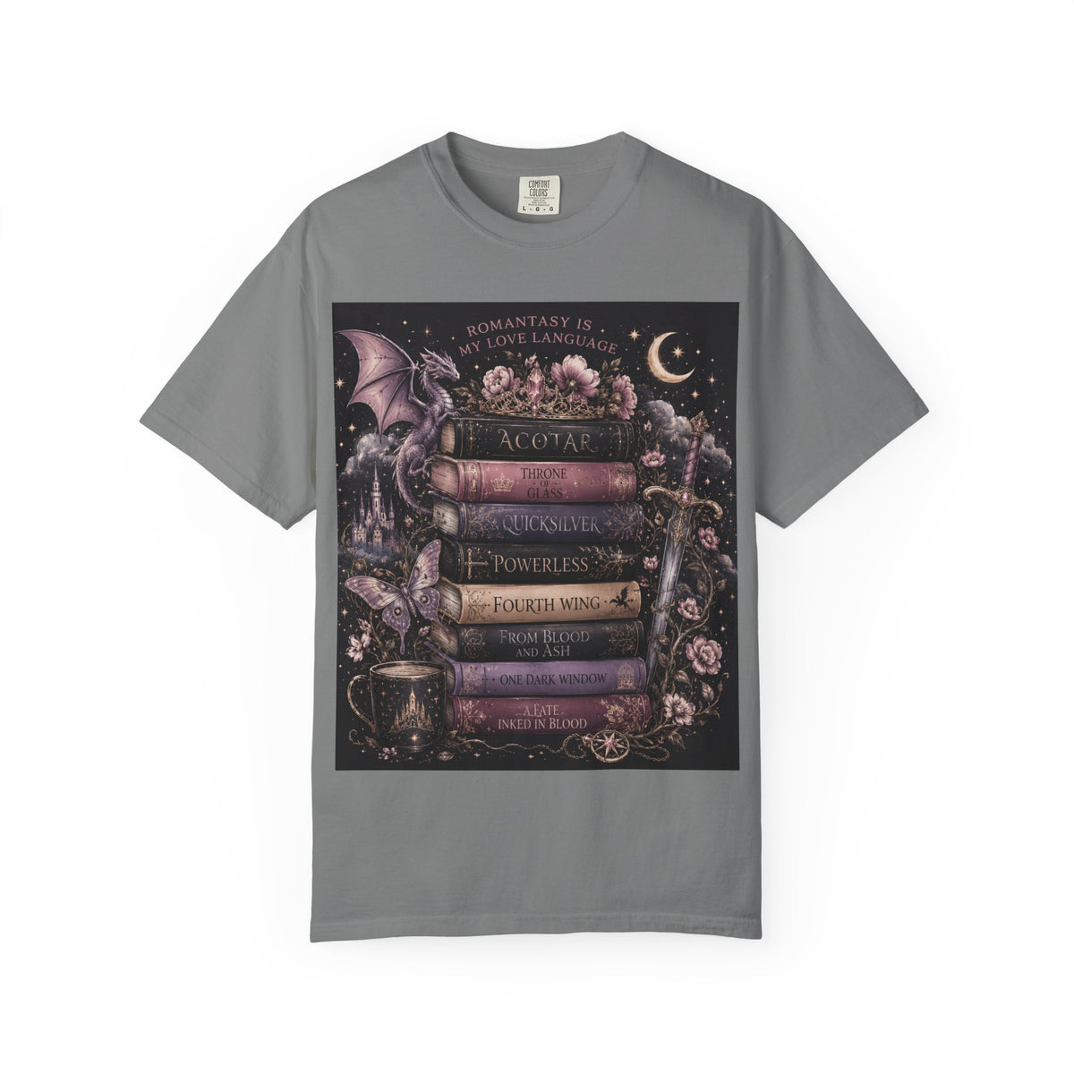 Romantasy Mystical Bookshelf T-Shirt —  Stacked Fantasy Book Tee