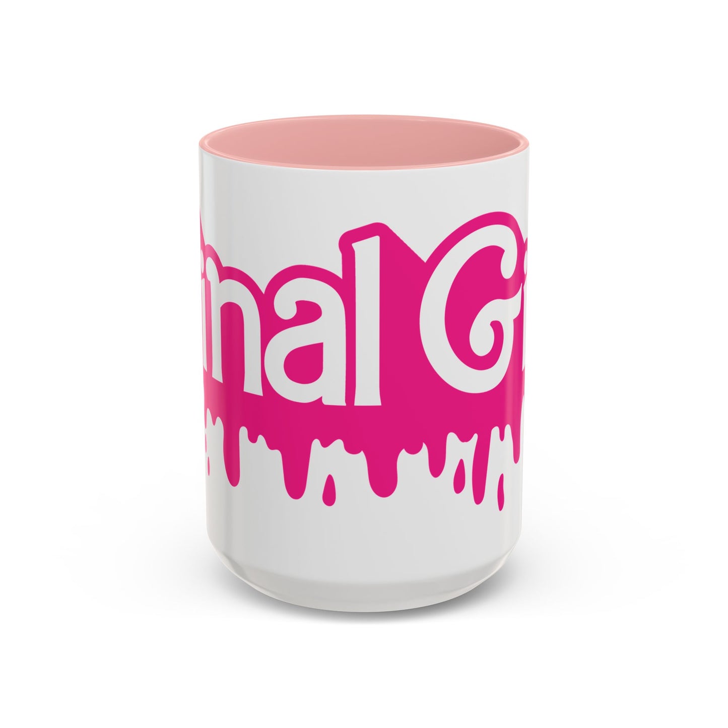 Drip 'Final Girl' Accent Coffee Mug — Pink Retro Script Ceramic (11/15oz)