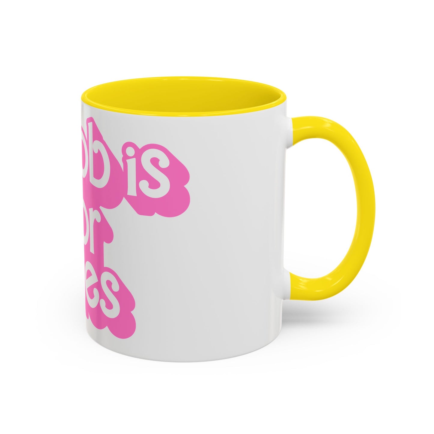 Accent Coffee Mug — "My Job Is Horror Movies" Pink Retro Text