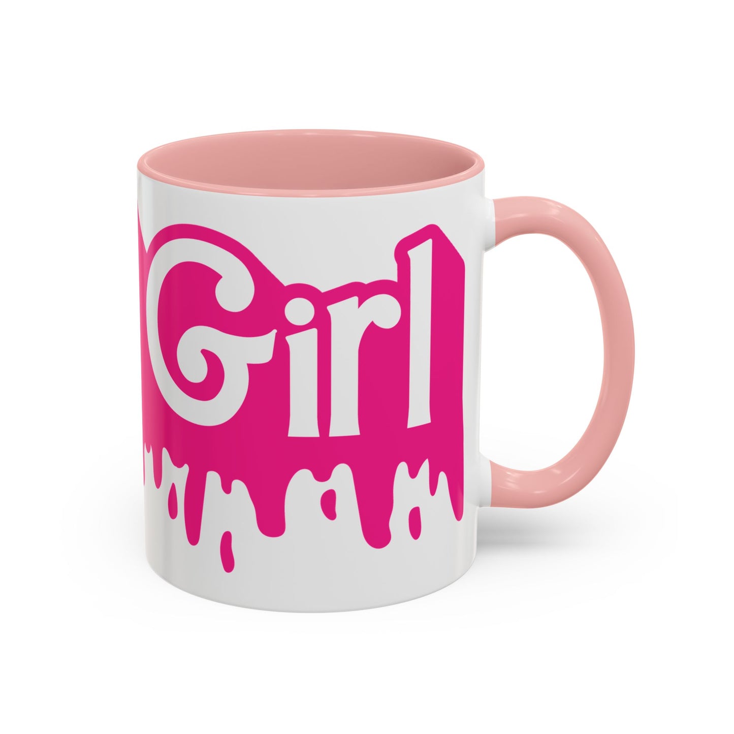 Drip 'Final Girl' Accent Coffee Mug — Pink Retro Script Ceramic (11/15oz)