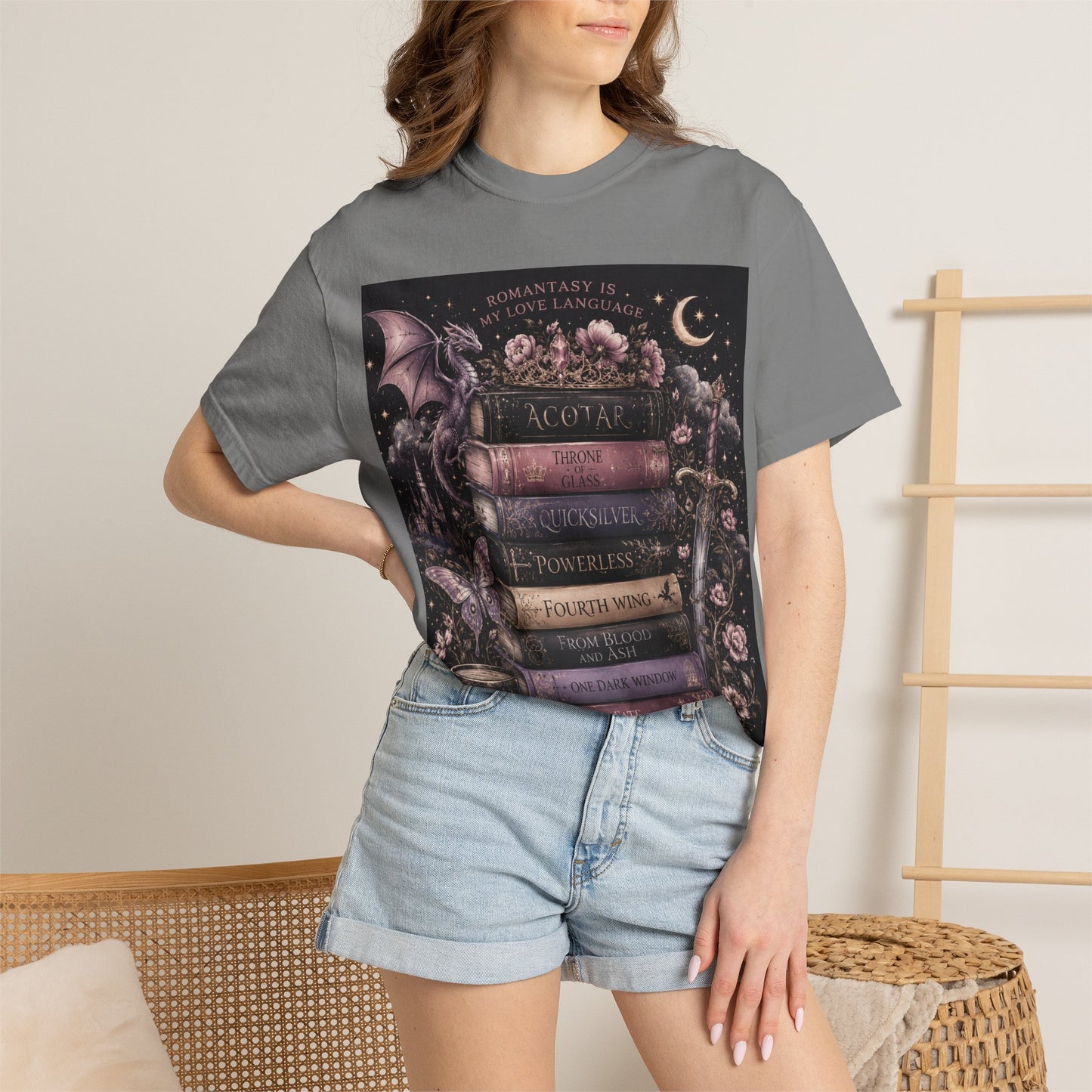 Romantasy Mystical Bookshelf T-Shirt —  Stacked Fantasy Book Tee