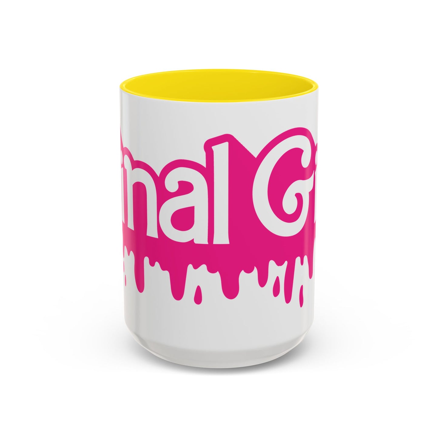 Drip 'Final Girl' Accent Coffee Mug — Pink Retro Script Ceramic (11/15oz)