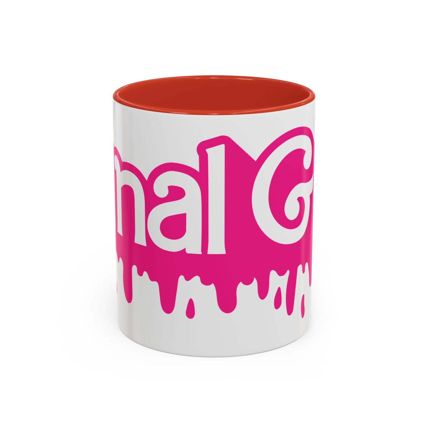 Drip 'Final Girl' Accent Coffee Mug — Pink Retro Script Ceramic (11/15oz)