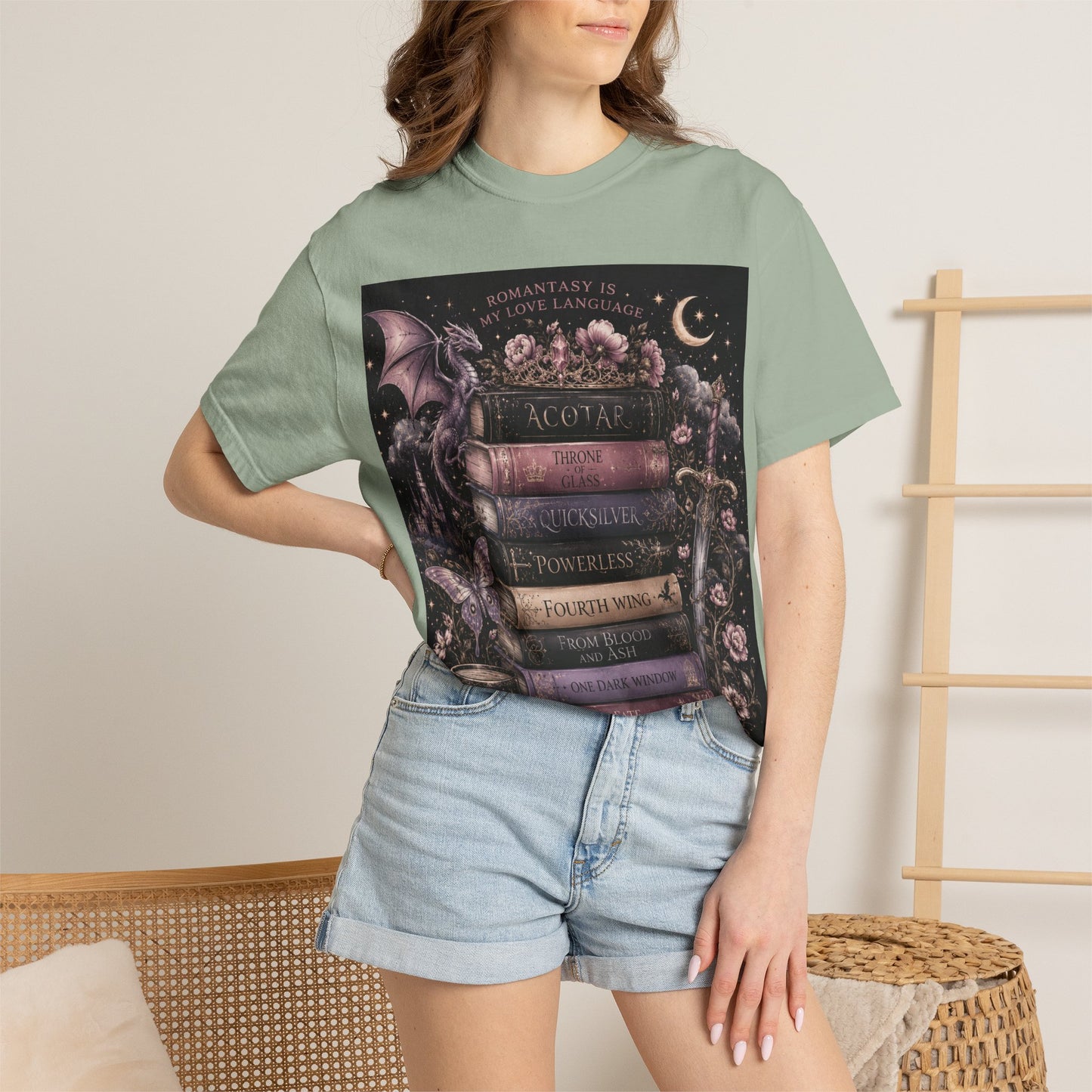 Romantasy Mystical Bookshelf T-Shirt —  Stacked Fantasy Book Tee