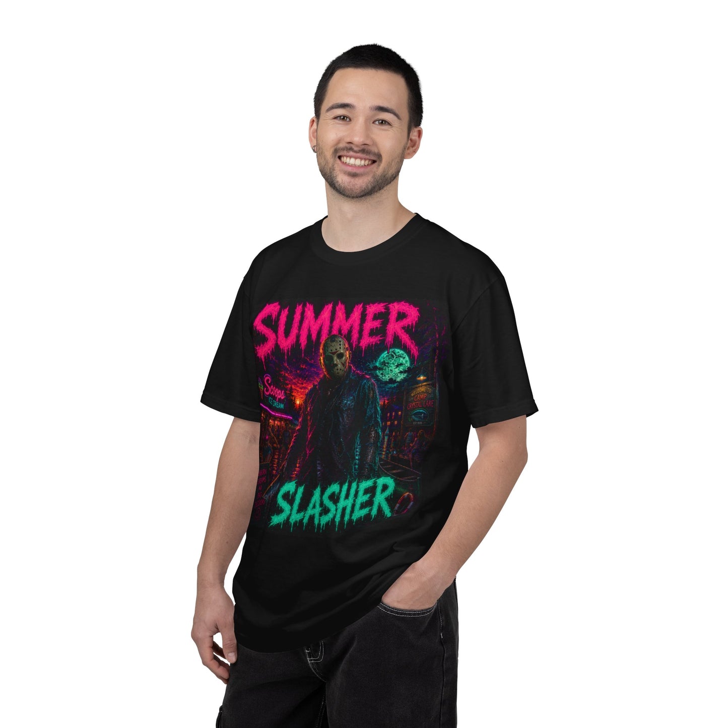 Summer Slasher T-Shirt Jason — Retro Neon Horror Graphic Tee