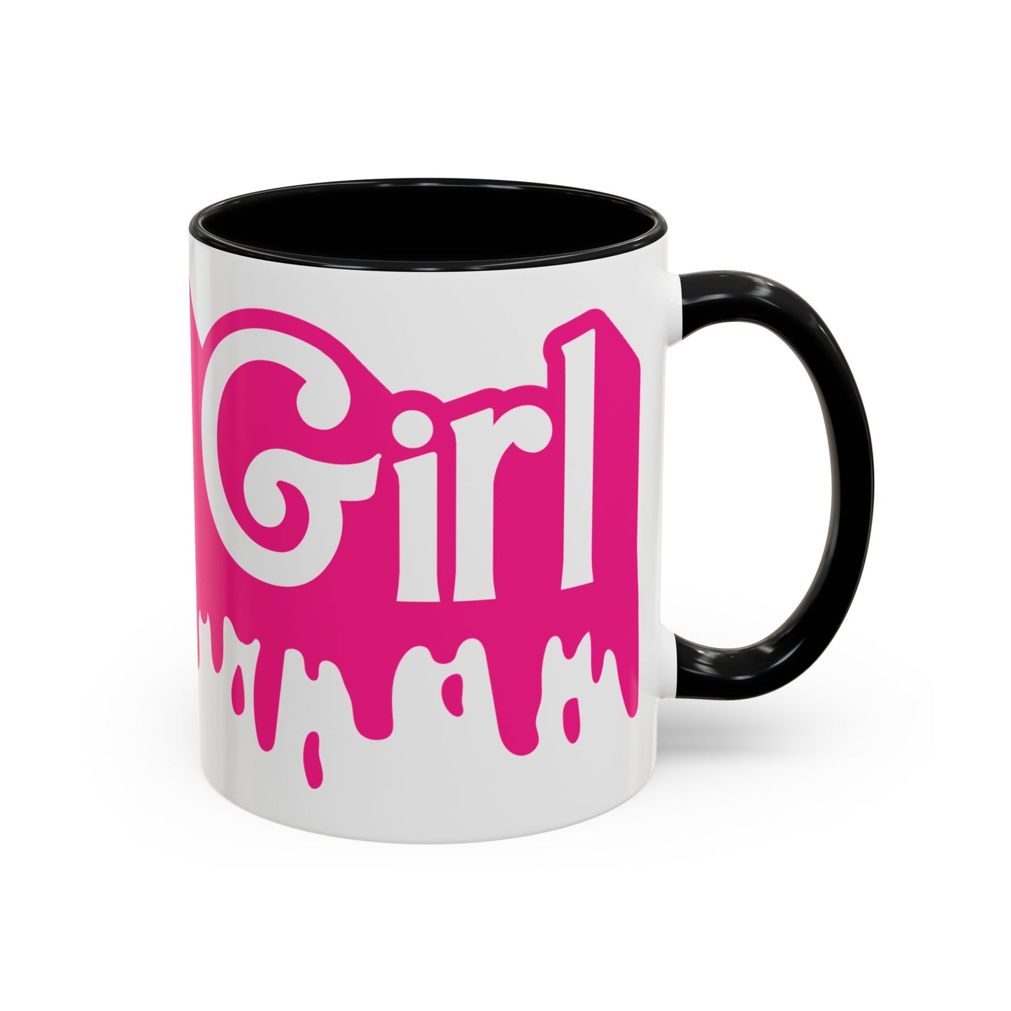 Drip 'Final Girl' Accent Coffee Mug — Pink Retro Script Ceramic (11/15oz)